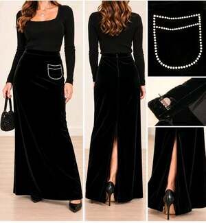 Vintage Black Velvet Maxi Skirt Womens Rhinestone Faux Pocket Evening Size S